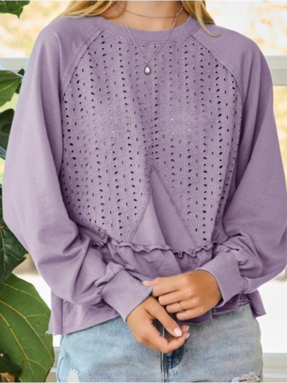 Acid Washed Lavender Eyelet Panel Long Sleeve Sweat - Women